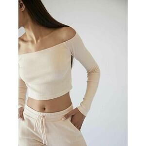 LANSTON DECLAN RIBBED OFF THE SHOULDER NUDE CROP TOP SIZE S